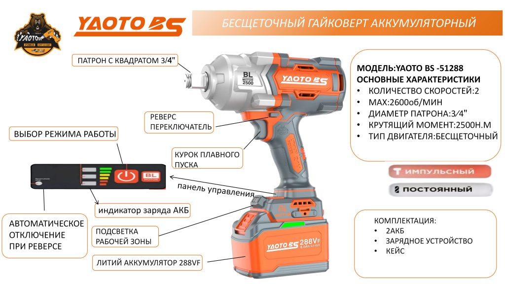 YAOTO BS-51288锂电电扳手（гайковерт аккумуляторный）-浙江宝昇工具有限公司