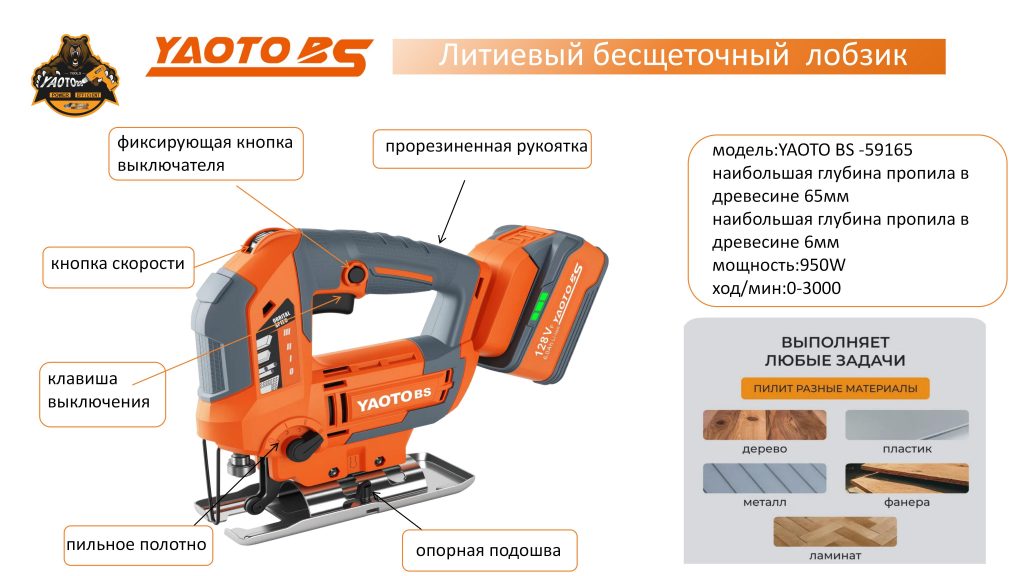 YAOTO BS-59165锂电曲线锯(лобзик аккумуляторный)-浙江宝昇工具有限公司