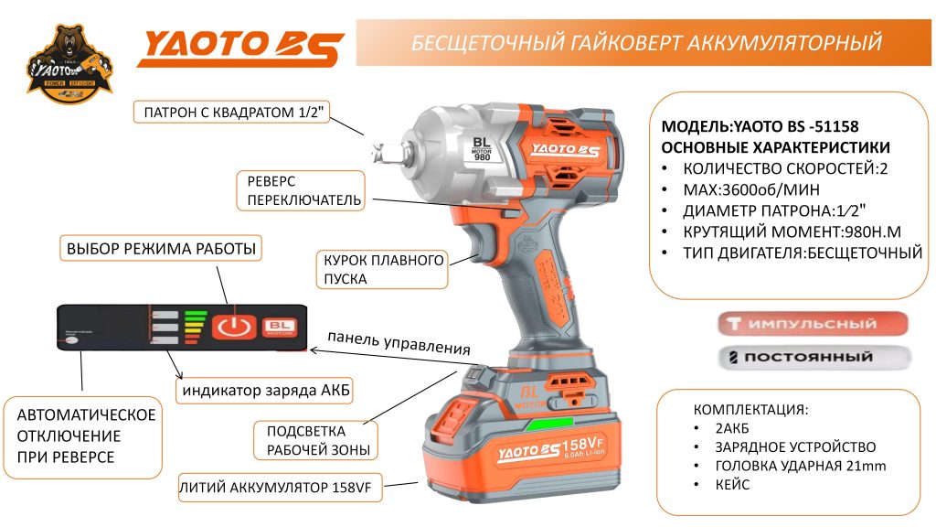 YAOTO BS-51158锂电电扳手（гайковёрт аккумуляторный）-浙江宝昇工具有限公司