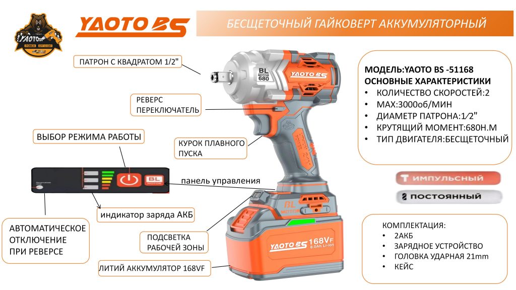 YAOTO BS-51168锂电电扳手（гайковёрт аккумуляторный）-浙江宝昇工具有限公司