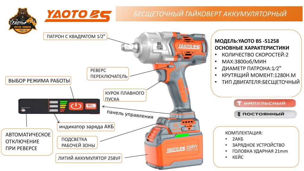 YAOTO BS-51258锂电电扳手（гайковёрт аккумуляторный）-浙江宝昇工具有限公司