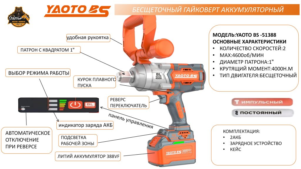YAOTO BS-51388锂电电扳手（гайковёрт аккумуляторный）-浙江宝昇工具有限公司