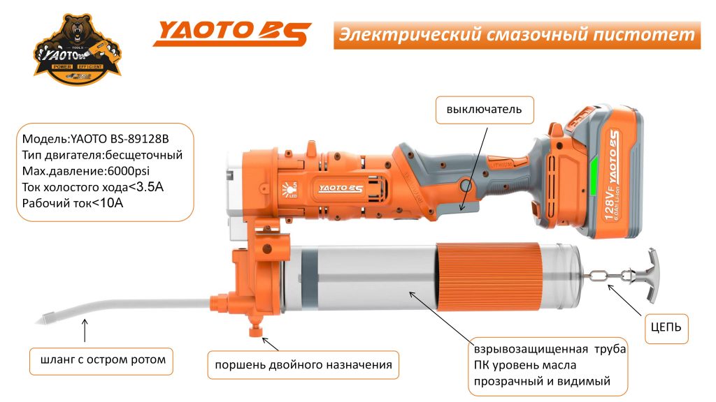 YAOTO BS-89128A 锂电黄油枪拉杆(шприц аккумуляторный цепный)-浙江宝昇工具有限公司