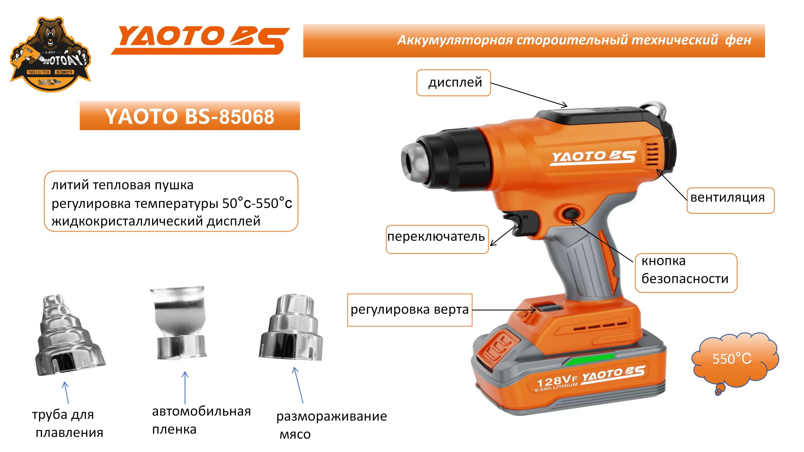 YAOTO BS-85068锂电热风枪（фен строительный）-浙江宝昇工具有限公司